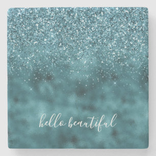 Teal Glitter Glitz sparkle glam personalized quote Stone Coaster