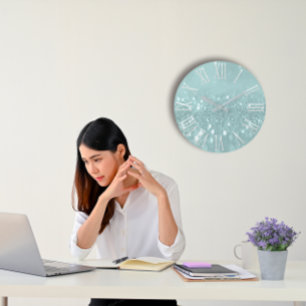 Teal Glitter Grey Metallic Silver Roman Number Large Clock