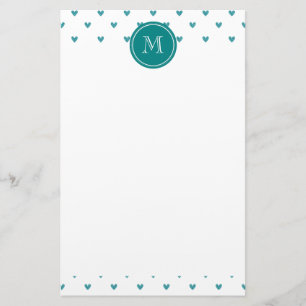 Teal Glitter Hearts with Monogram Stationery