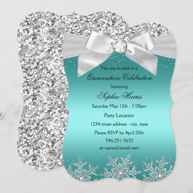 Teal Glitter Jewel Bow Snowflake Quinceanera Invitation (Front/Back)