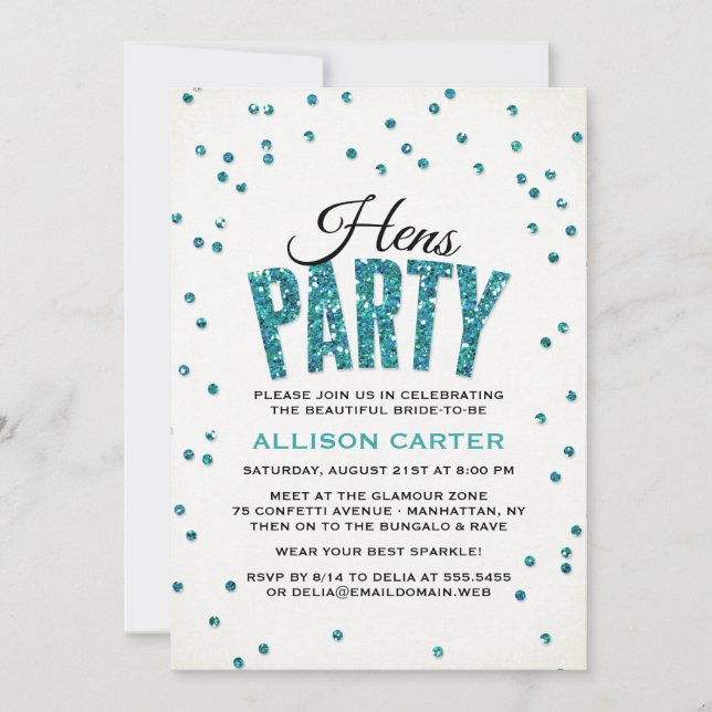 Teal Glitter Look Confetti Hens Party Invitation (Front)