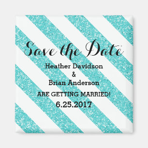 Teal Glitter Look Stripes Save the Date Magnet
