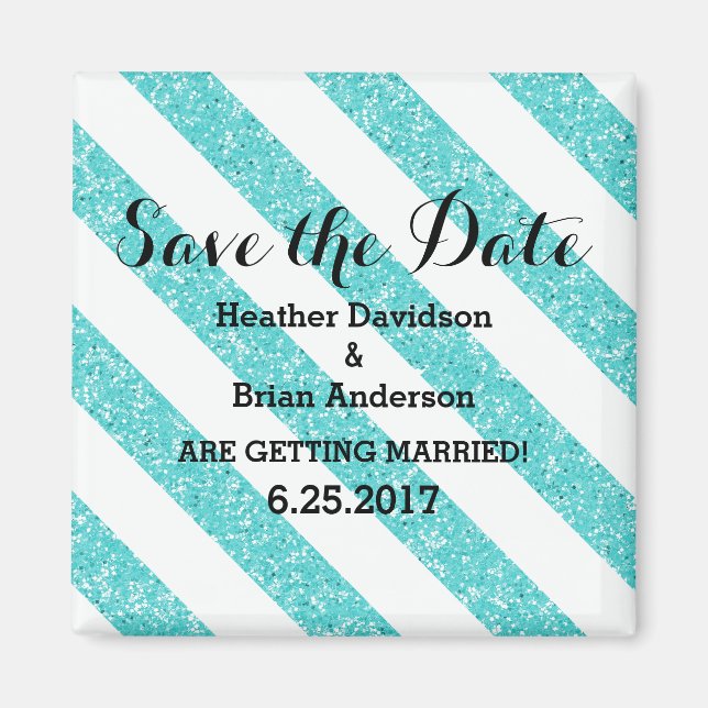 Teal Glitter Look Stripes Save the Date Magnet (Front)