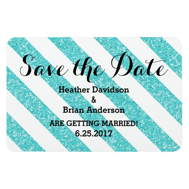 Teal Glitter Look Stripes Save the Date Magnet (Horizontal)