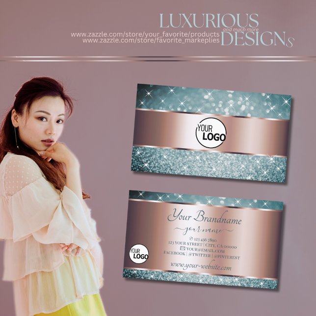 Teal Glitter Luminous Stars and Logo Rose Gold Business Card (Creator Uploaded)