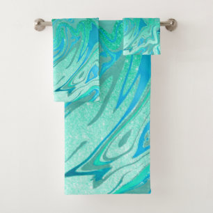 Teal glitter marble bath towel set