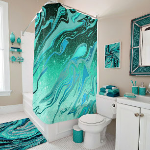Teal glitter marble shower curtain