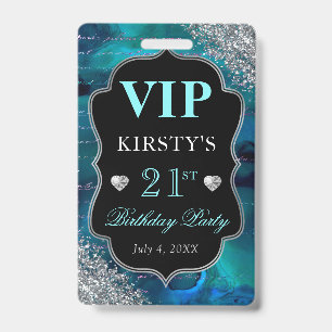 Teal Glitter Mermaid Letters Birthday VIP ID Badge