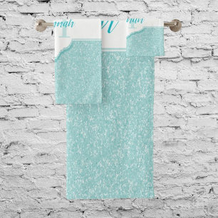 Teal Glitter Monogram Bath Towels