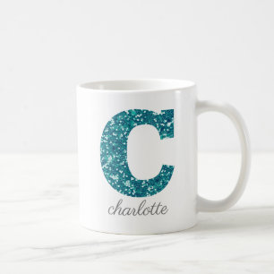 Teal Glitter Monogram C Personalised Coffee Mug