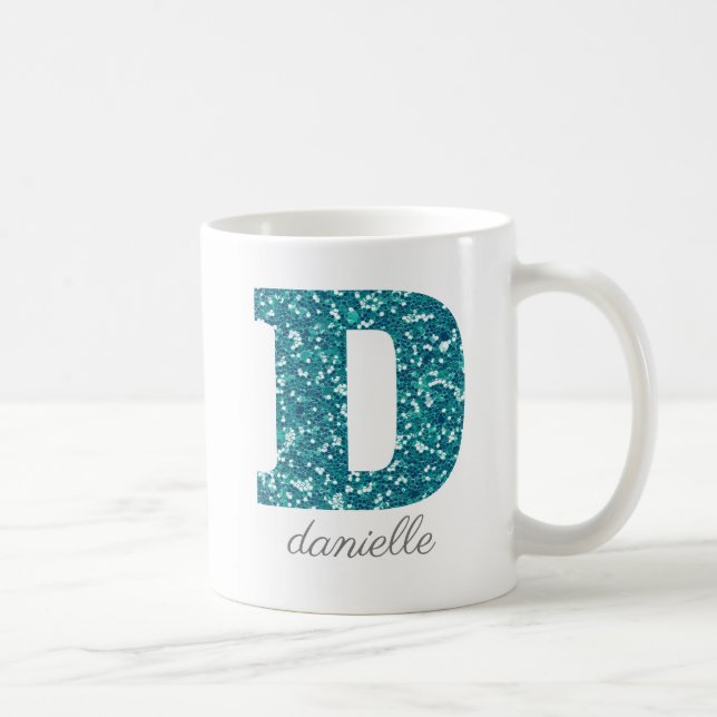 Teal Glitter Monogram D Personalised Coffee Mug (Right)