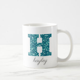 Teal Glitter Monogram H Personalised Mug
