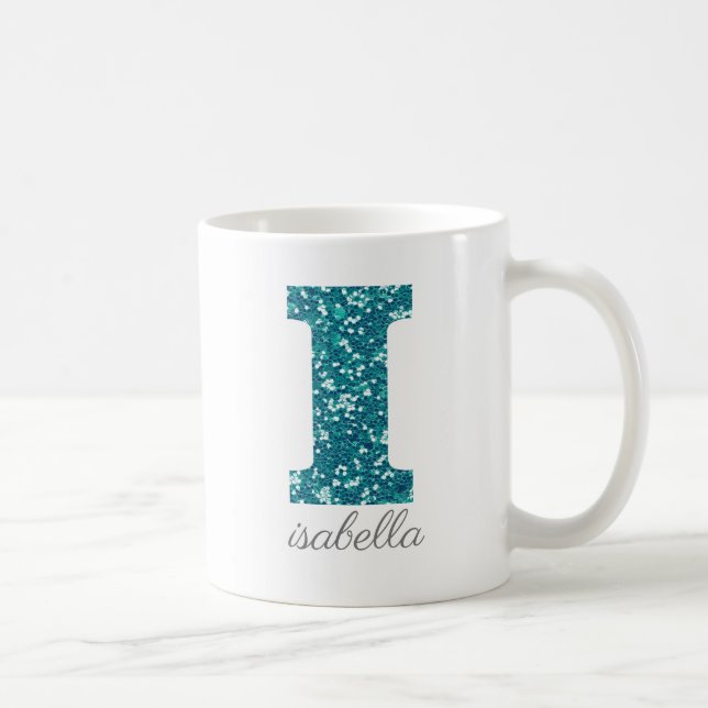Teal Glitter Monogram I Personalised Mug (Right)