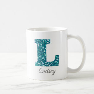 Teal Glitter Monogram L Personalised Mug