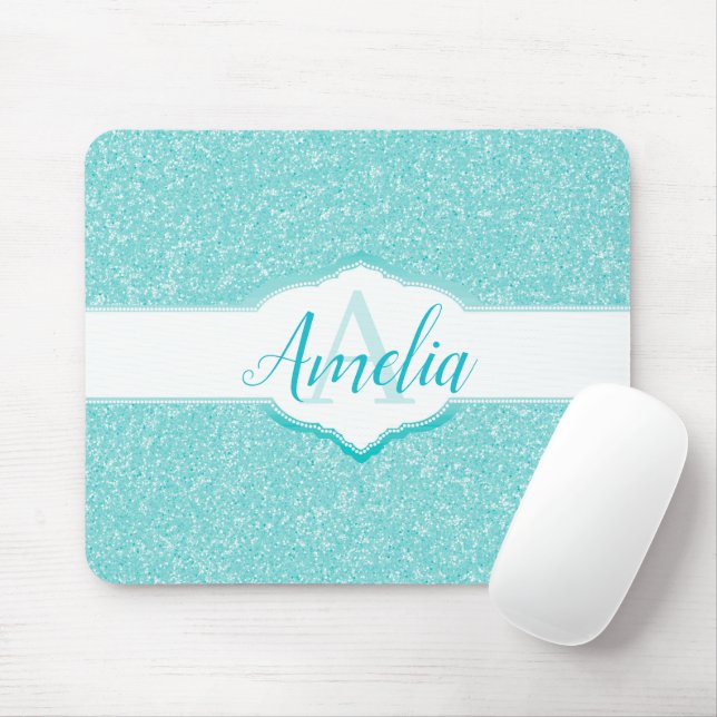 Teal Glitter Monogram Mouse Pad (With Mouse)