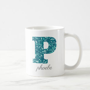 Teal Glitter Monogram P Personalised Mug
