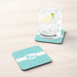 Teal Glitter Monogram Plastic Coaster