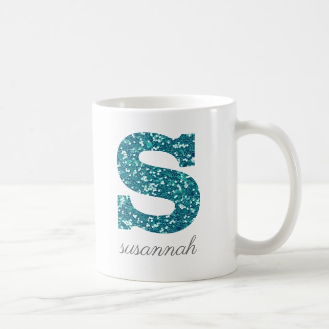 Teal Glitter Monogram S Personalised Mug (Right)