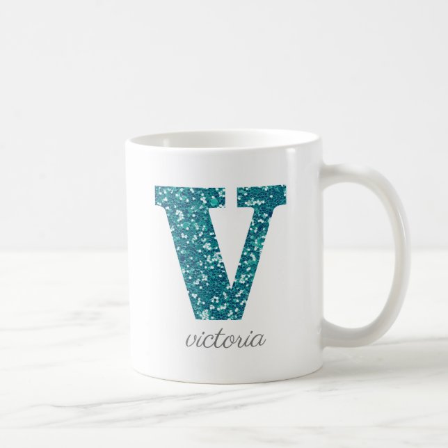 Teal Glitter Monogram V Personalised Mug (Right)