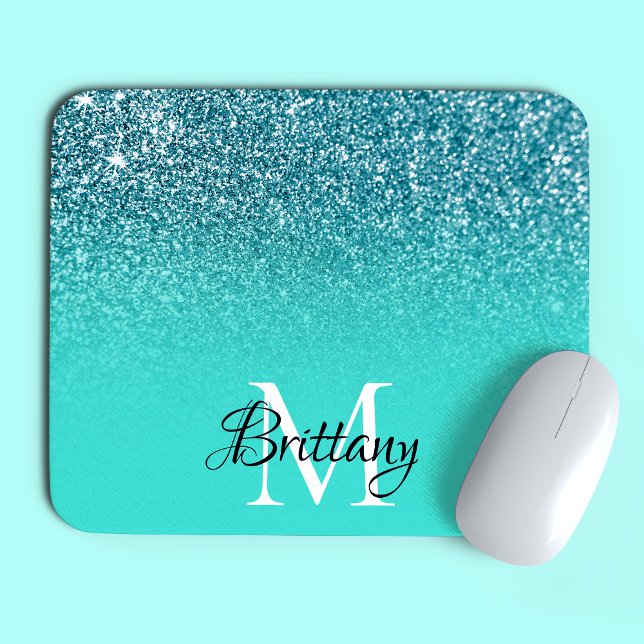 Teal Glitter Ombre Personalised Monogram Mouse Pad (Creator Uploaded)