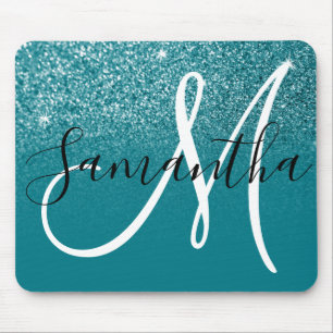 Teal Glitter Ombre Sparkle Monogram Mouse Pad