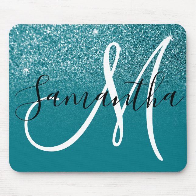 Teal Glitter Ombre Sparkle Monogram Mouse Pad (Front)