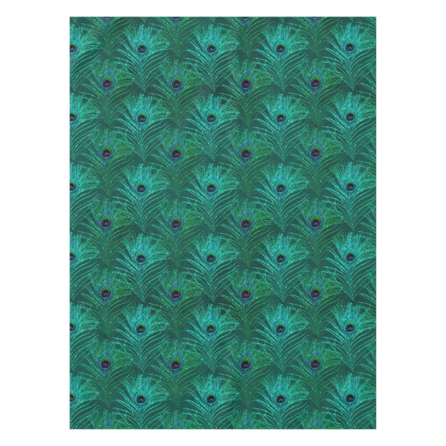 Teal Glitter Peacock Feathers Tablecloth (Front)
