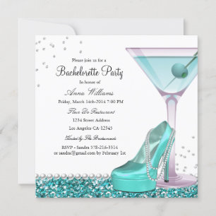 Teal Glitter Pearl Bachelorette Party Invite