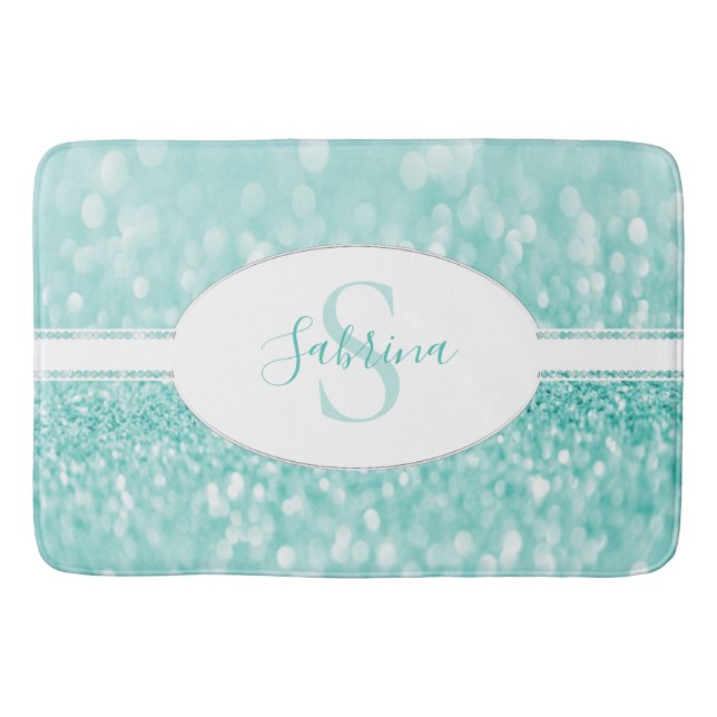Teal Glitter Personalise Bath Mat (Front)