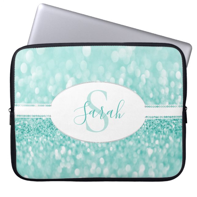 Teal Glitter Personalise Laptop Sleeve (Front)