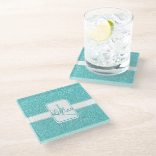 Teal Glitter Personalised Glass Coaster