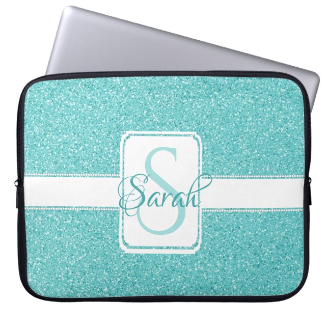 Teal Glitter Personalised Laptop Sleeve (Front)