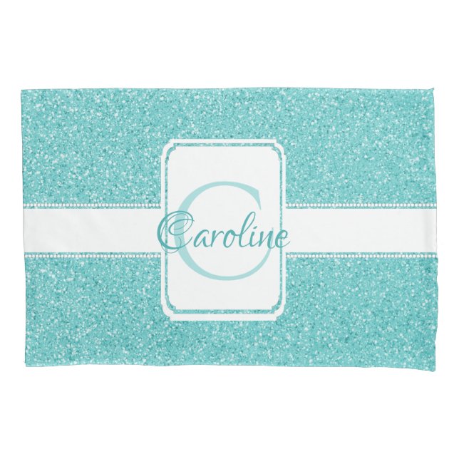 Teal Glitter Personalised Pillow Case (Front)