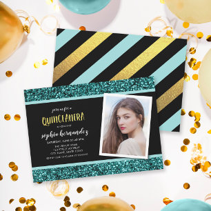 Teal Glitter Photo Quinceanera Invitation