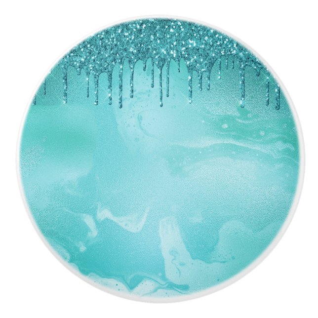 Teal Glitter Rain on Luxury Metal Marble Ceramic Knob (Front)