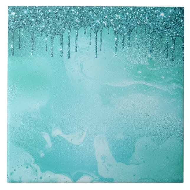 Teal Glitter Rain on Luxury Metal Marble Ceramic Tile (Front)