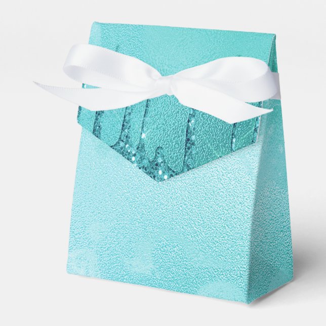 Teal Glitter Rain on Luxury Metal Marble Favour Box (Front Side)