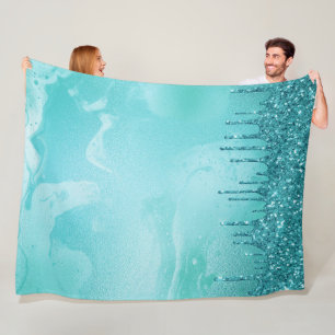 Teal Glitter Rain on Luxury Metal Marble Fleece Blanket