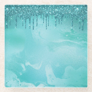 Teal Glitter Rain on Luxury Metal Marble Glass Coaster