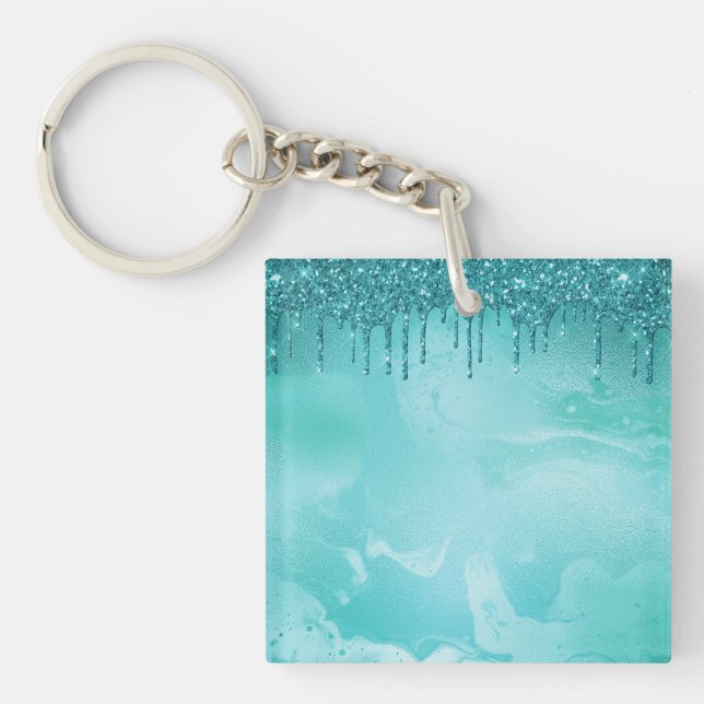 Teal Glitter Rain on Luxury Metal Marble Key Ring (Front)