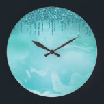 Teal Glitter Rain on Luxury Metal Marble Large Clock<br><div class="desc">Teal Glitter Droplets on Shiny glittering Marble.</div>