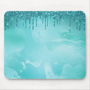 Teal Glitter Rain on Luxury Metal Marble Mouse Pad