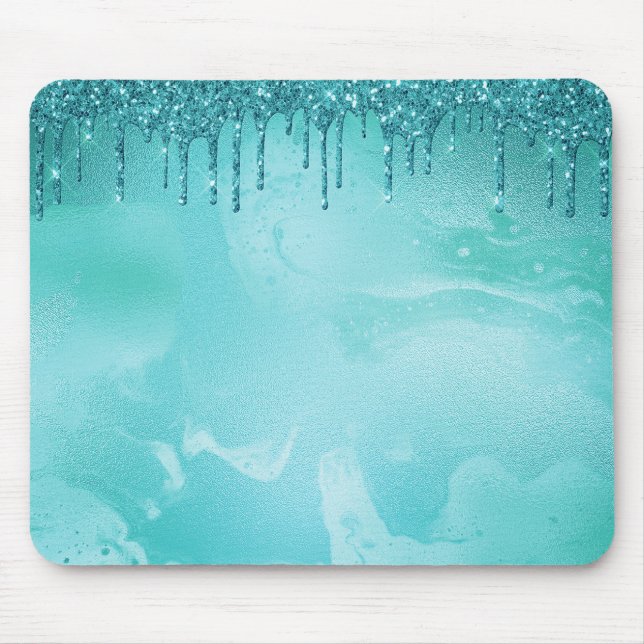 Teal Glitter Rain on Luxury Metal Marble Mouse Pad (Front)