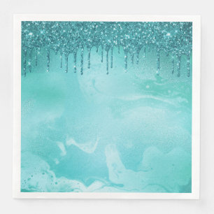 Teal Glitter Rain on Luxury Metal Marble Napkin