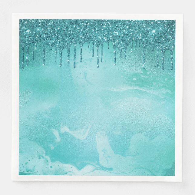 Teal Glitter Rain on Luxury Metal Marble Napkin (Front)