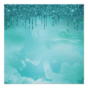 Teal Glitter Rain on Luxury Metal Marble Poster