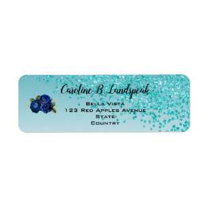 Teal Glitter, Royal Blue Roses Sweet 16 Return Address Label
