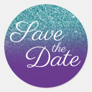 Teal Glitter Royal Purple Ombre Save the Date Classic Round Sticker