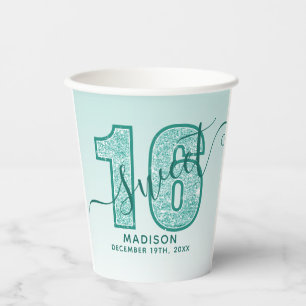Teal Glitter Script Sweet 16 Sixteenth Birthday  Paper Cups