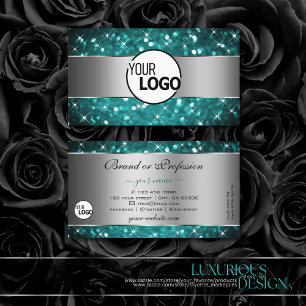 Teal Glitter Sparkle Stars Silver Decor add Logo Business Card